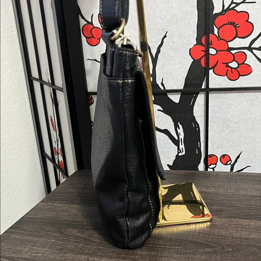 Relic Black Leather Messenger Bag with White Stitching
